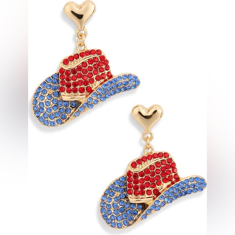 Leith‎ Cowboy Hat Rhinestone Drop Earrings - Red/Blue/Gold Tone - NWT